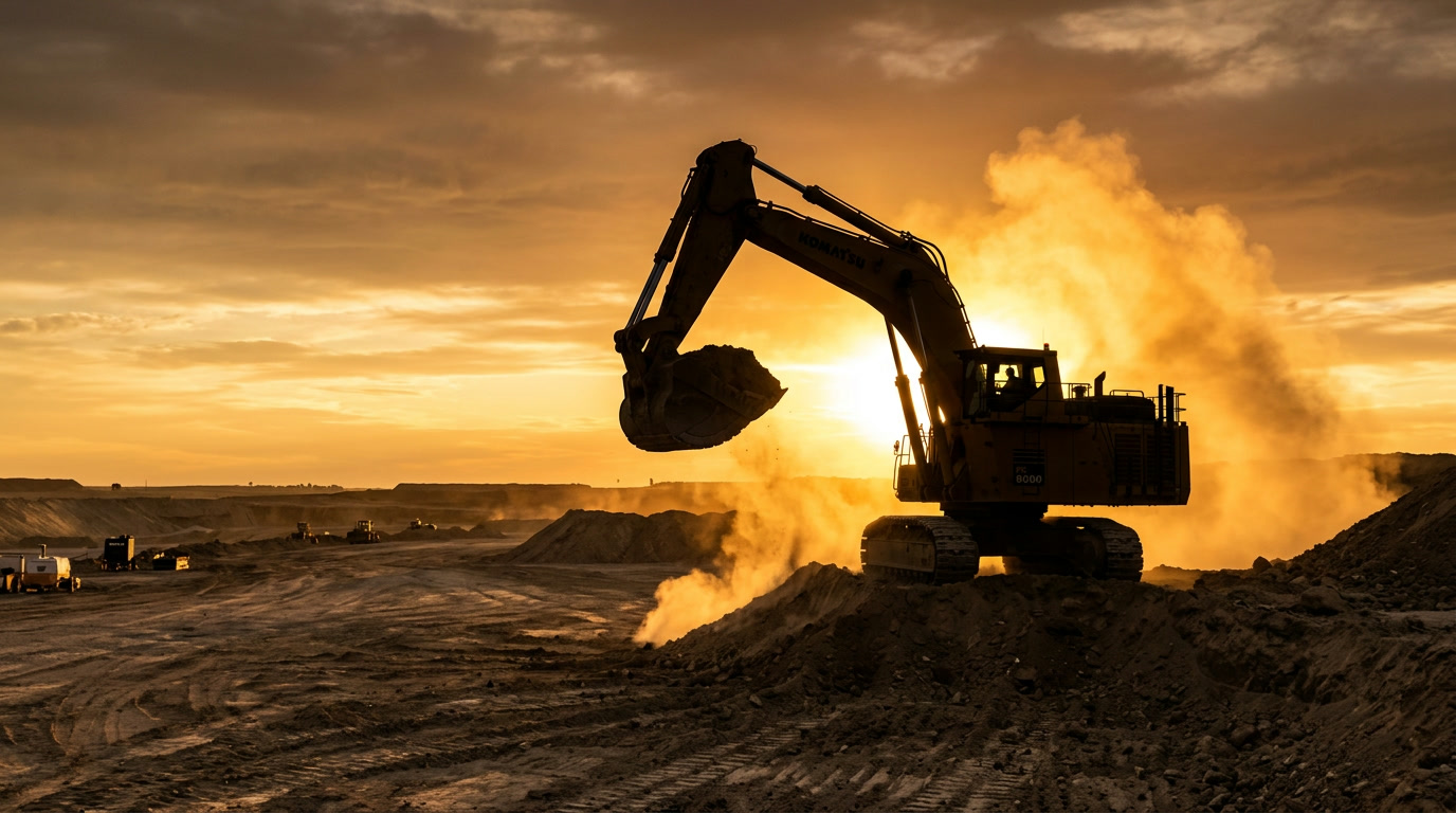 Excavator silhouetted against a golden hour sky